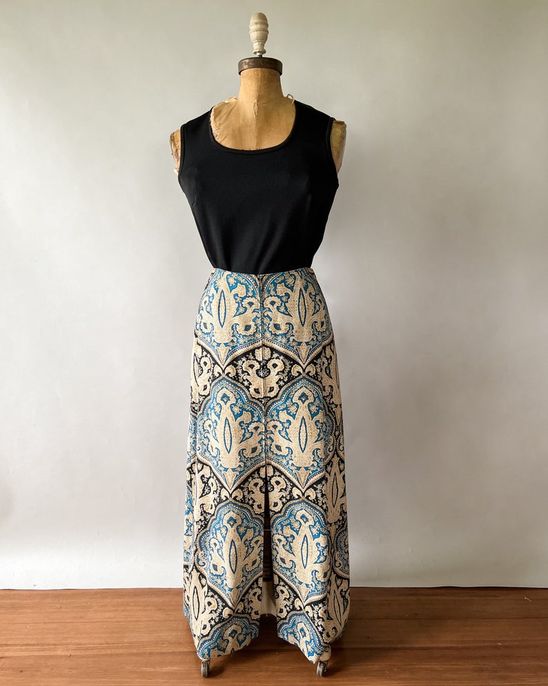 Vintage 60s skirt, 1960s blue paisley maxi skirt, zip front skirt, full length skirt, 1970s maxi skirt, Medium, W27, W28 image 7