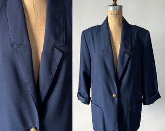 1990s Vintage Sag Harbor Navy Rayon Polyester Oversized Blazer Suit Jacket Cuffed Sleeve, Small Medium