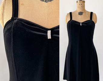 Vintage 90s Dress, 1990s Black Velvet Stretchy Velour Sweetheart Neck Sleeveless Skater Dress, Holiday Party Cocktail LBD, Large L, Size 14
