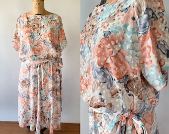 Vintage 1980s does 1920s style blouson drop waist pastel floral garden party dress, Large