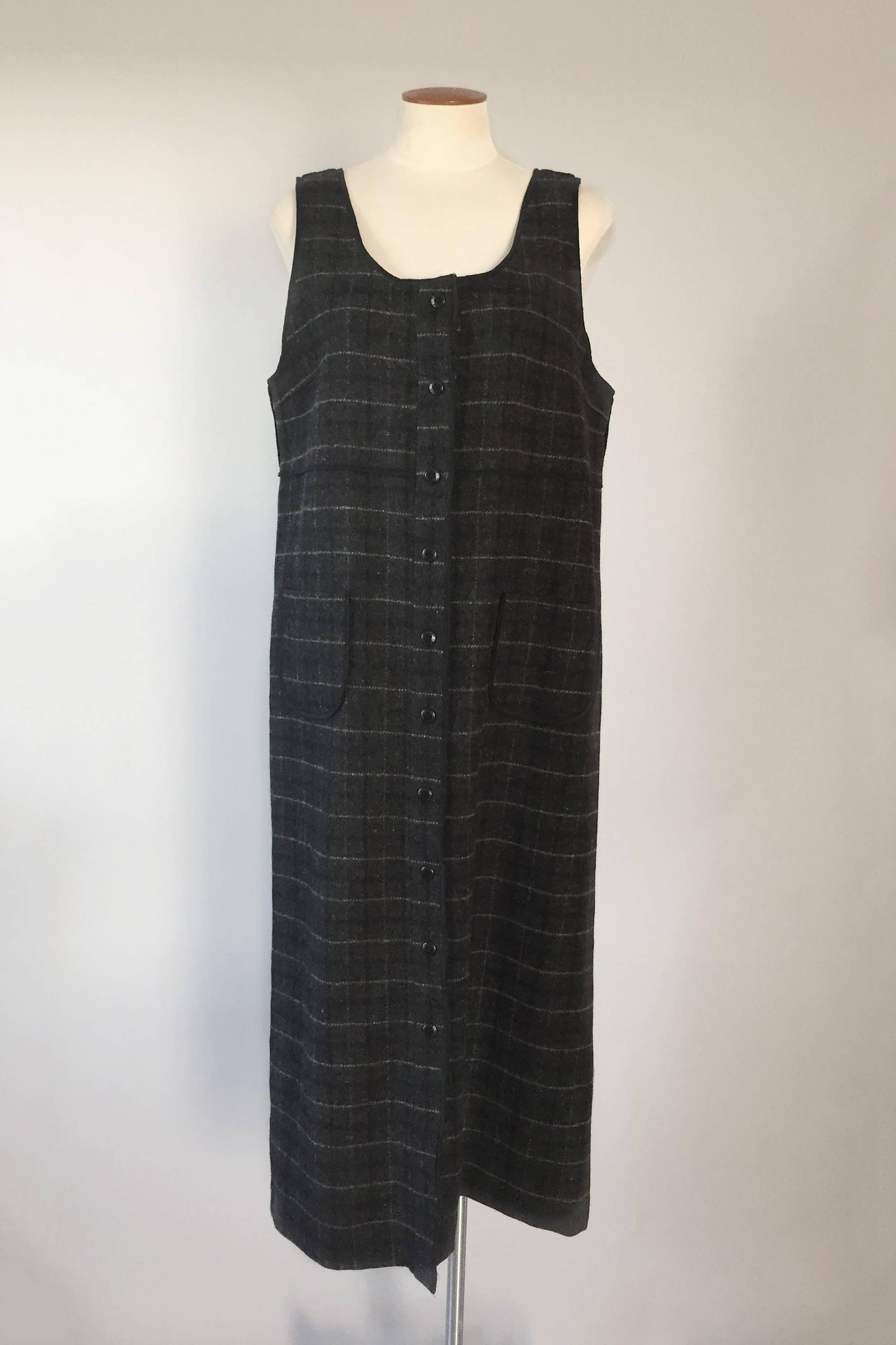 Vintage 1990s charcoal gray wool plaid button front jumper dress duster
