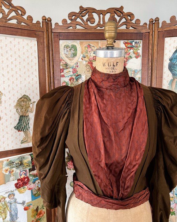 Antique 1890s bodice, brown wool bodice, rust sil… - image 3