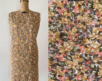 Vintage 60s Dress, 1960s Mustard Yellow Fall Floral Cotton Shift Day Dress, Sleeveless Aline Midi Front Buttons, Orange Green Blue, Medium M