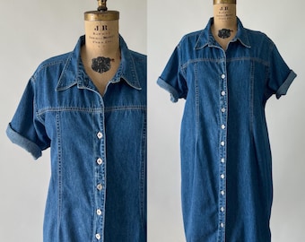 Vintage 90s Dress, 1990s Y2K Denim Collared Button Front Midi, Princess Seam Short Sleeve Jean Dress, Plus Size 22W, Extra Extra Large, XXL