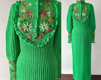 Vintage 70s Dress, 1970s Green Acrylic Floral Embroidered Hand Knit Crochet Sweater Dress, Victorian Ruffled Puff Sleeve Fitted Maxi, XS S