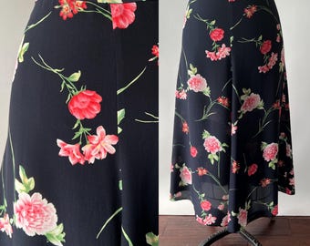 Vintage 90s skirt, Evan Picone skirt, rose print skirt, 90s navy silk skirt, silk midi skirt, pink floral skirt, Medium Large, W31, size 10