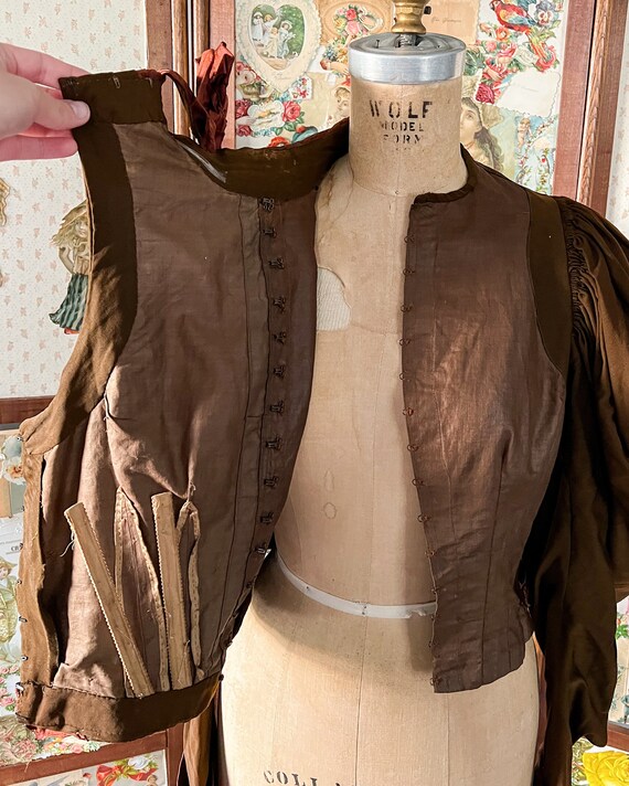 Antique 1890s bodice, brown wool bodice, rust sil… - image 7