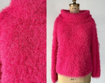Vintage 90s Sweater, 1990s Y2K Hot Pink Cowl Neck Furry Shag Sweater, Faux Fur Mohair Acrylic Knit Boat Neck Turtleneck, M L XL