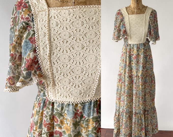 Featured listing image: Vintage 70s Dress, 1970s Multi Floral Prairie Maxi Dress, Lace Yoke Flutter Sleeve Tiered Ruffled Full Length Skirt, Extra Extra Small XXS