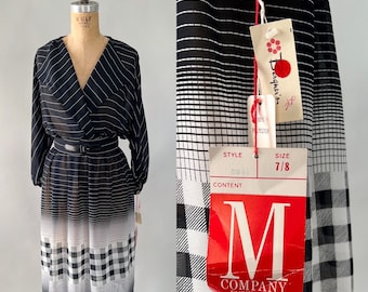 Vintage 1980s deadstock black and white striped sheer midi dress, Small