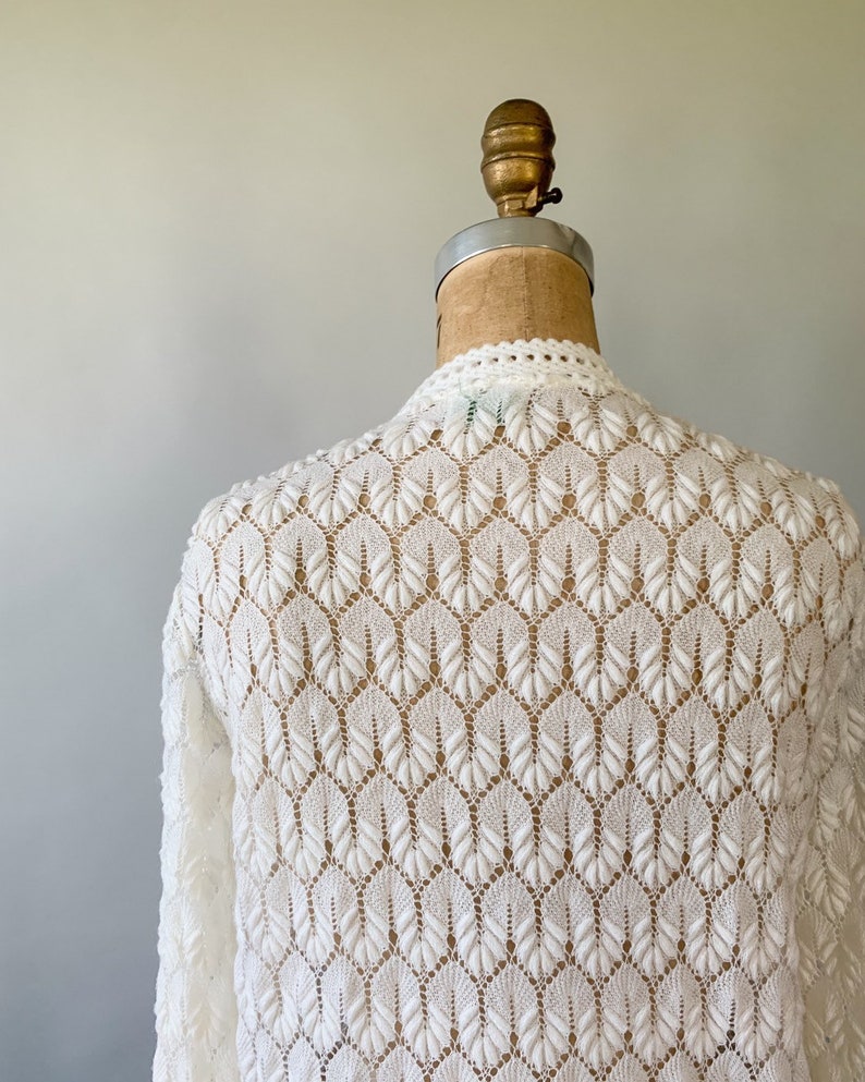 Vintage 1960s cream sheer lightweight scalloped pointelle crochet sweater 60s winter white lacy cardigan Small S