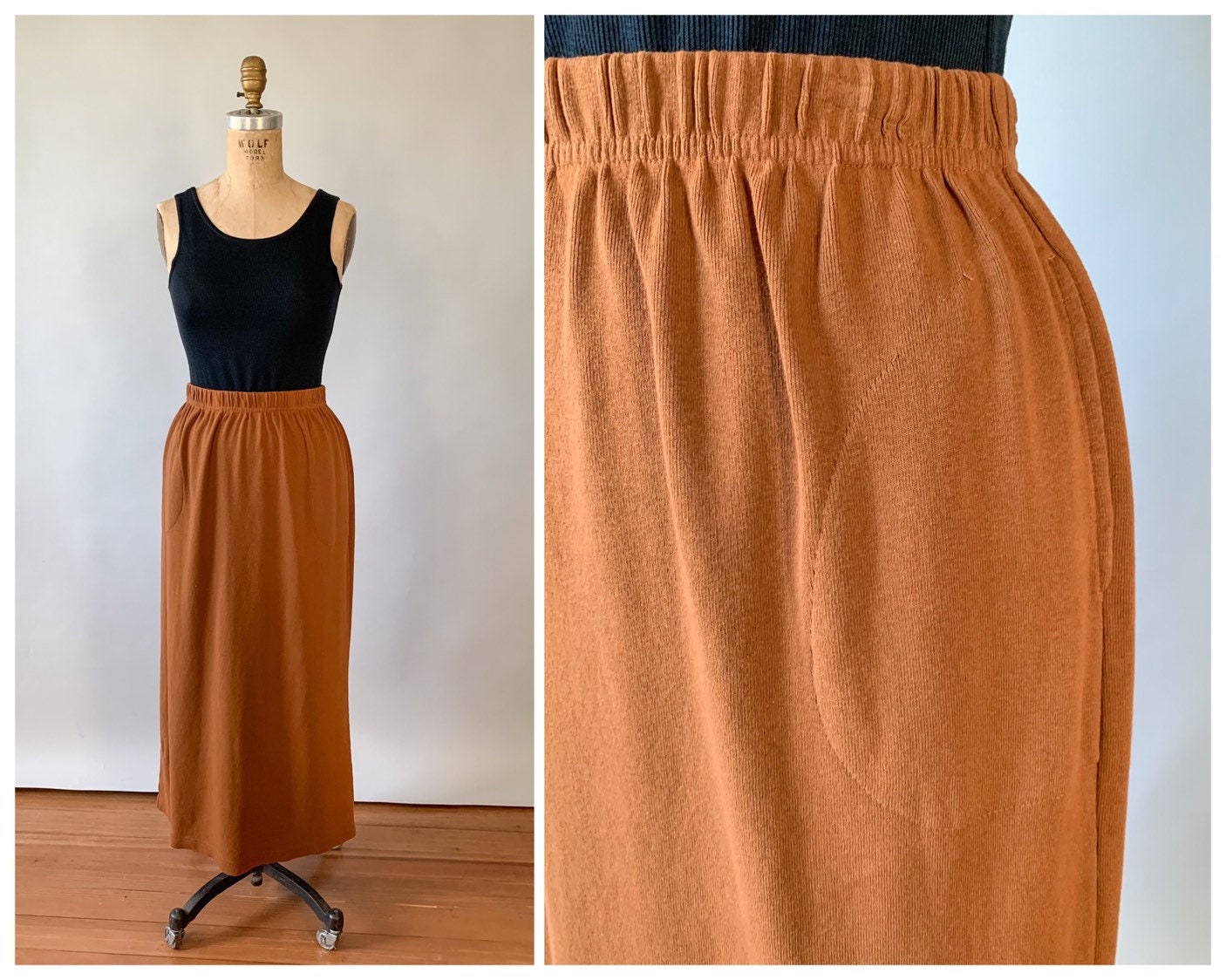 Vintage 1990s brown elastic waist slim maxi skirt Medium M