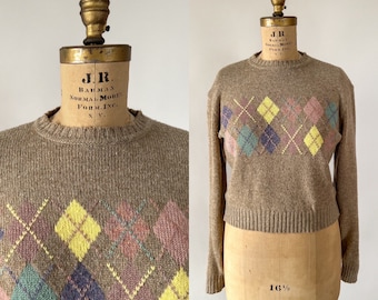 Vintage 80s Sweater, 1980s Light Brown Acrylic Knit Multi Pastel Argyle Pullover, Crew Neck Long Sleeve Cropped Spring Sweater, Medium Large