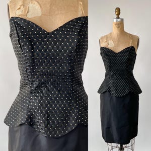 Vintage 80s dress, 1980s Black Taffeta Gold Polka Dot Sweetheart Strapless Peplum Sheath, New Years Eve Holiday Party Cocktail Dress, Small