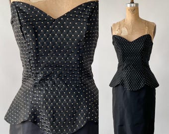 Vintage 80s dress, 1980s Black Taffeta Gold Polka Dot Sweetheart Strapless Peplum Sheath, New Years Eve Holiday Party Cocktail Dress, Small