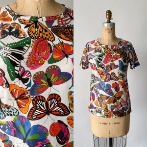 Vintage 70s Top, 1970s Multicolored Botanical Butterfly Novelty