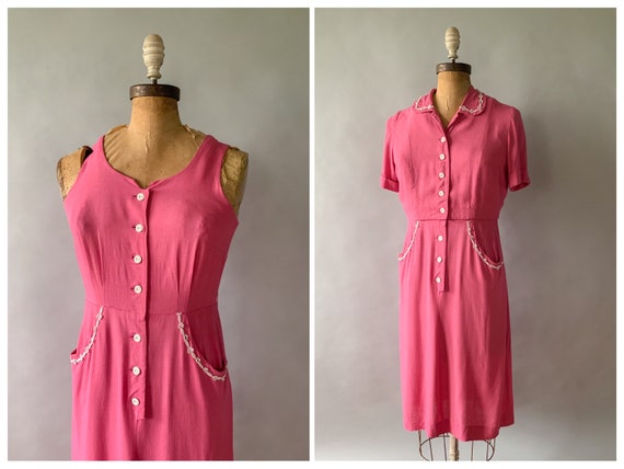 Vintage 1950s pink linen button front daisy trim s