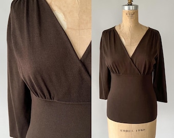 Vintage 90s Sweater, 1990s 2000s Y2K Ann Taylor Brown Silk Knit Surplice Neck Top, Empire Waist Faux Wrap Top Fitted Sweater, Small S
