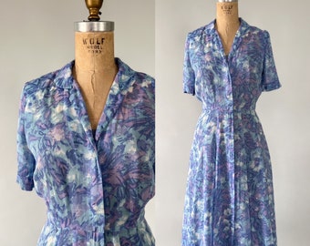 Vintage 50s Dress, 1950s 1960s Blue Purple Floral Cotton Voile Shirtdress, Short Sleeve Pleated Midi Sheer Dress and Slip, Medium, 29 Waist