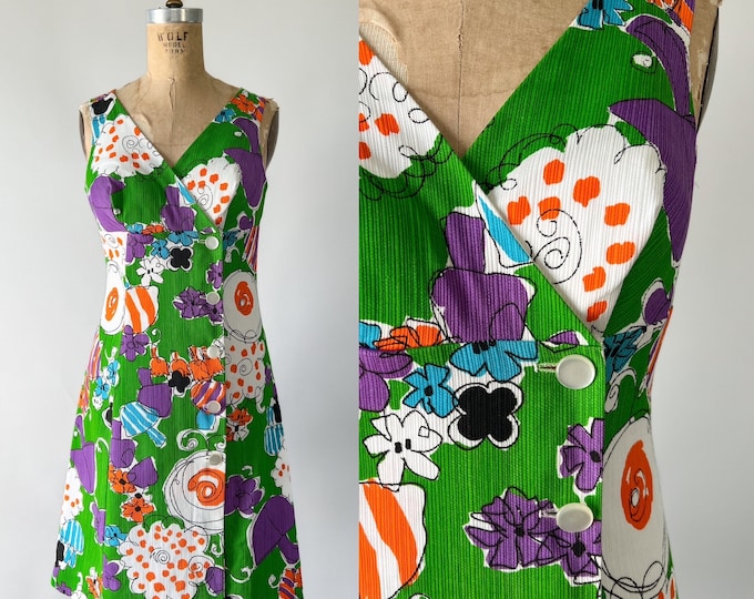 Featured listing image: Vintage 60s Dress, 60s Mod Floral Mushroom Novelty Print Cotton Wrap, Sleeveless V Neck Empire Waist Knee Length, Green Purple Orange, Small
