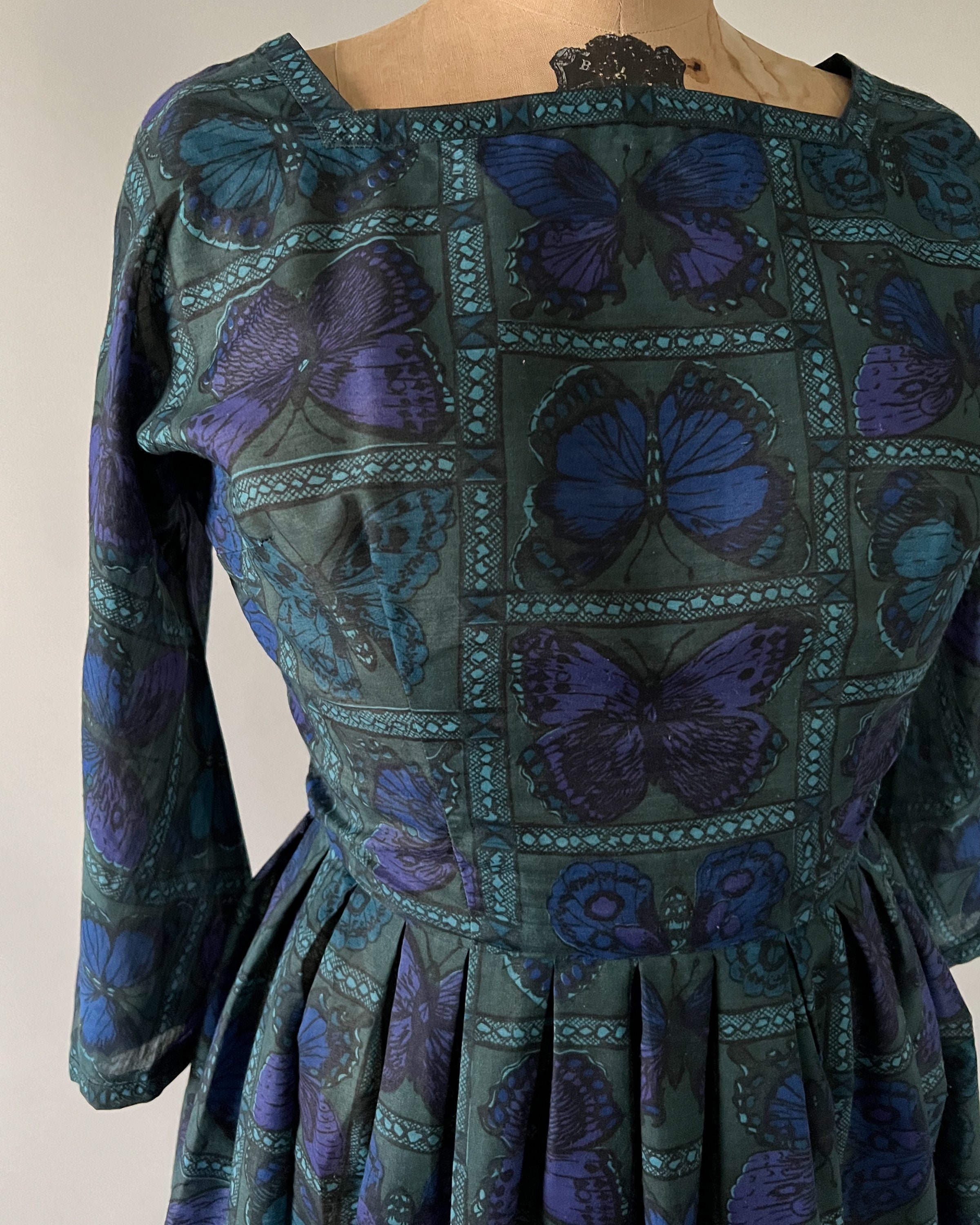 Vintage 1960s L’aiglon teal botanical butterfly dress, Medium, W29