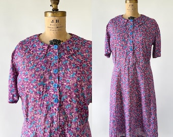 Vintage 30s Dress, 1930s Purple Blue Floral Cotton Voile Day Dress, Collared Button Front Midi, Plus Size, Extra Large XL XXL, 40 41 Waist