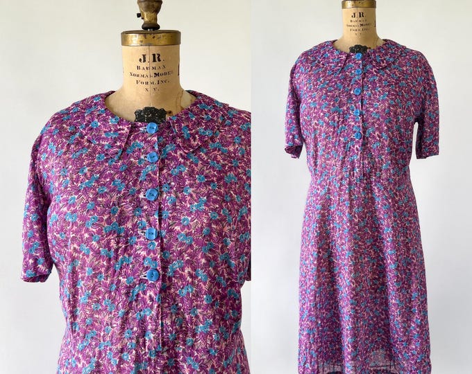 Featured listing image: Vintage 30s Dress, 1930s Purple Blue Floral Cotton Voile Day Dress, Collared Button Front Midi, Plus Size, Extra Large XL XXL, 40 41 Waist