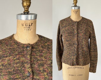 Vintage 90s Sweater, 1990s Space Dye Fuzzy Wool Acrylic Fall Cardigan, Multicolored Fleck Brown Olive Orange Yellow Crew Neck, Small Petite