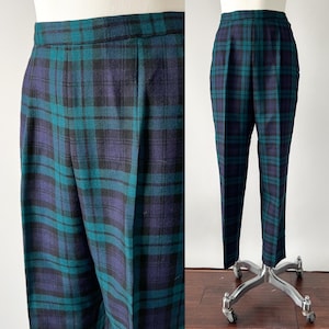 Vintage 60s Pants, 1950s 1960s Tan Jay Teal Blue Plaid Wool High Waisted Pleated Pants, Tapered Cigarette Trousers Slacks, Small S 27 Waist