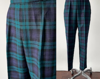 Vintage 60s Pants, 1950s 1960s Tan Jay Teal Blue Plaid Wool High Waisted Pleated Pants, Tapered Cigarette Trousers Slacks, Small S 27 Waist