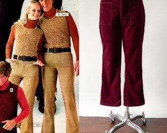 Vintage 1970s Dark Red Burgundy Cotton Corduroy Mid Rise Bootcut Pants, Front Pockets, Medium, W31