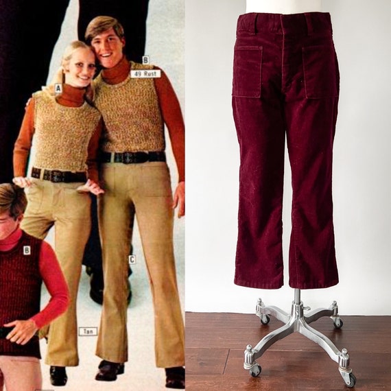 Vintage 70s Pants, 1970s Dark Red Corduroy Flared… - image 1