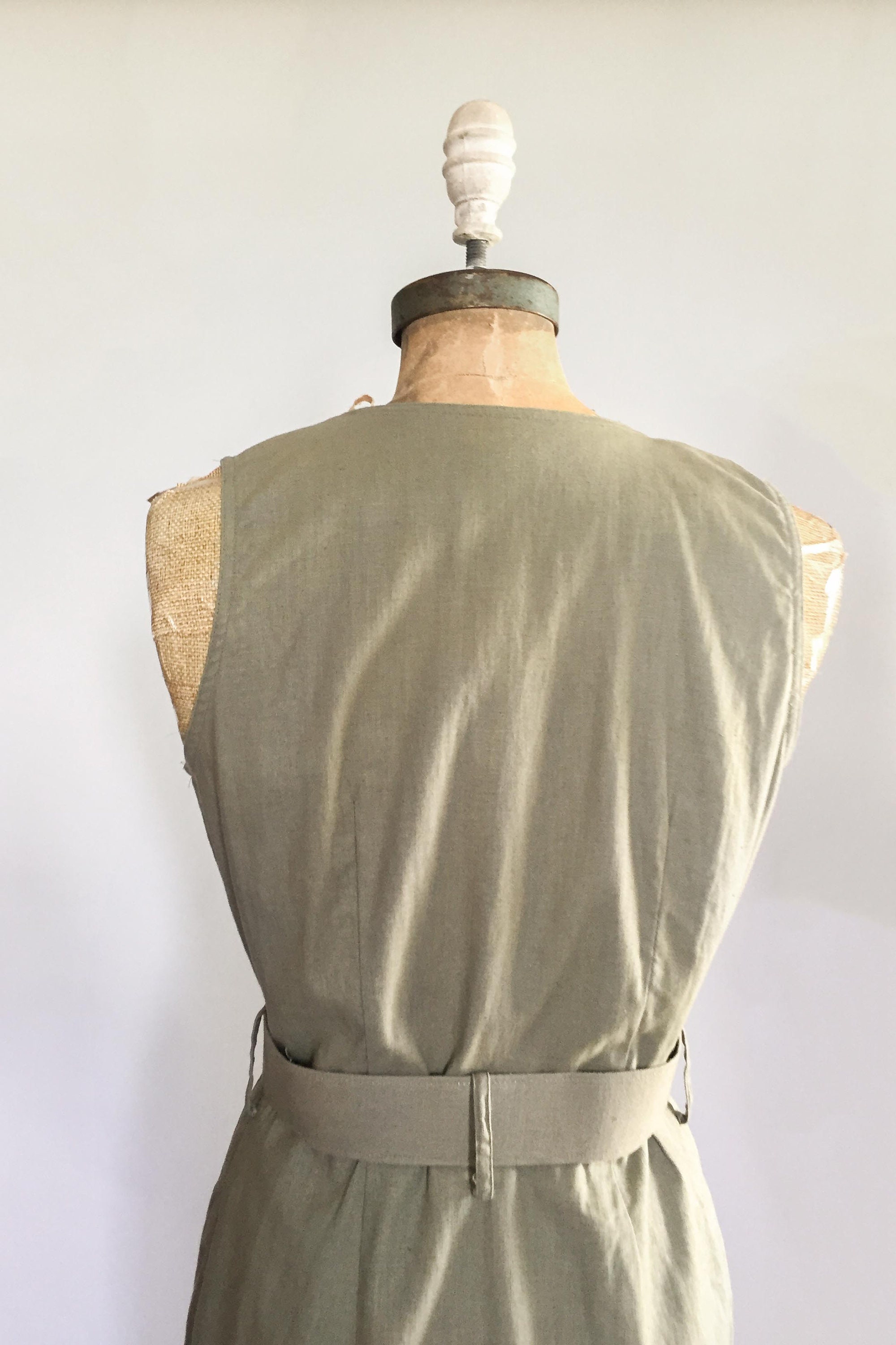 Vintage 1980s olive green linen sleeveless button front dress / 80s 90s dress / medium M