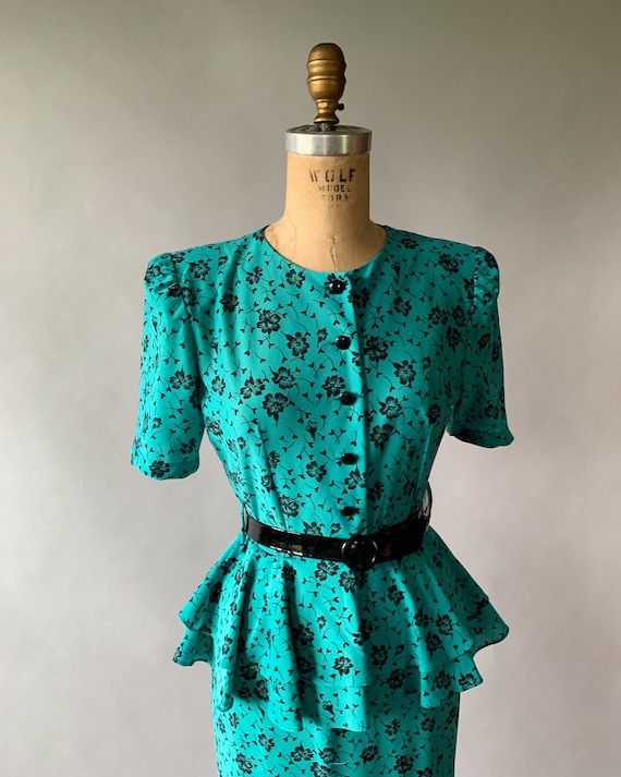 Vintage 80s dress, 1980s turquoise floral peplum … - image 7