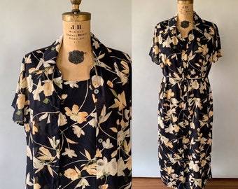 Vintage 1990s black and yellow floral sheer button front maxi dress, large