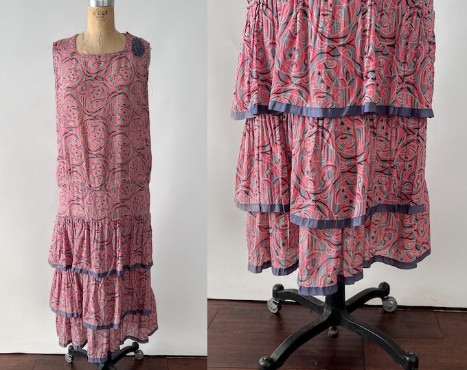 Featured listing image: Antique Dress, 1920s Pink Blue Geometric Print Silk Ruffled Midi, Sleeveless Drop Waist Flapper Style, Ribbon Trim Rossette, Extra Small XS