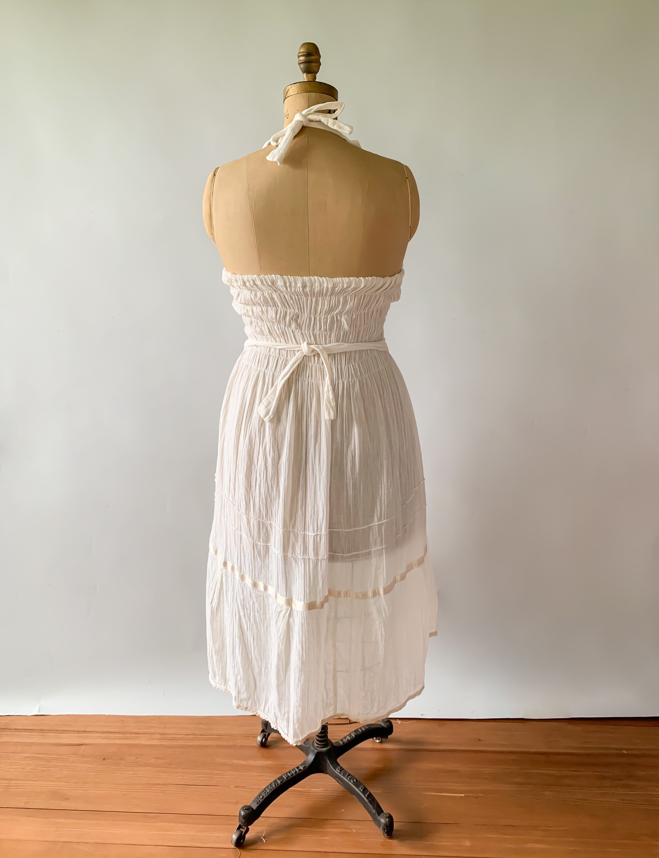 Vintage 1970s cream embroidered gauze halter dress Medium M Large L