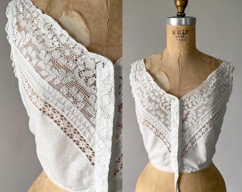 Antique Blouse, Vintage Edwardian 1910s 1920s White Cotton Inset Lace Brassiere, Hook Front Corset Cover Camisole Tank Crop Top, XS S