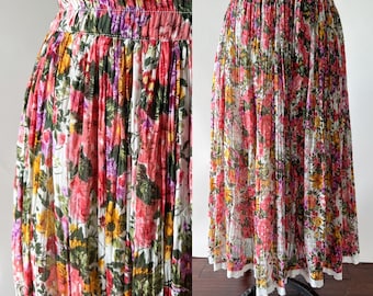 Vintage 90s Skirt, 1990s White Pink Purple Floral Crinkled India Cotton Gauze Midi, Elastic Waist Rose Print Lace Trim Full Skirt, Medium M