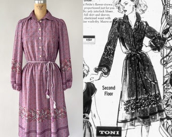 Vintage 1970s Toni Petite Mauve Purple Blue Pink Floral Border Print Prairie Shirtdress, Small