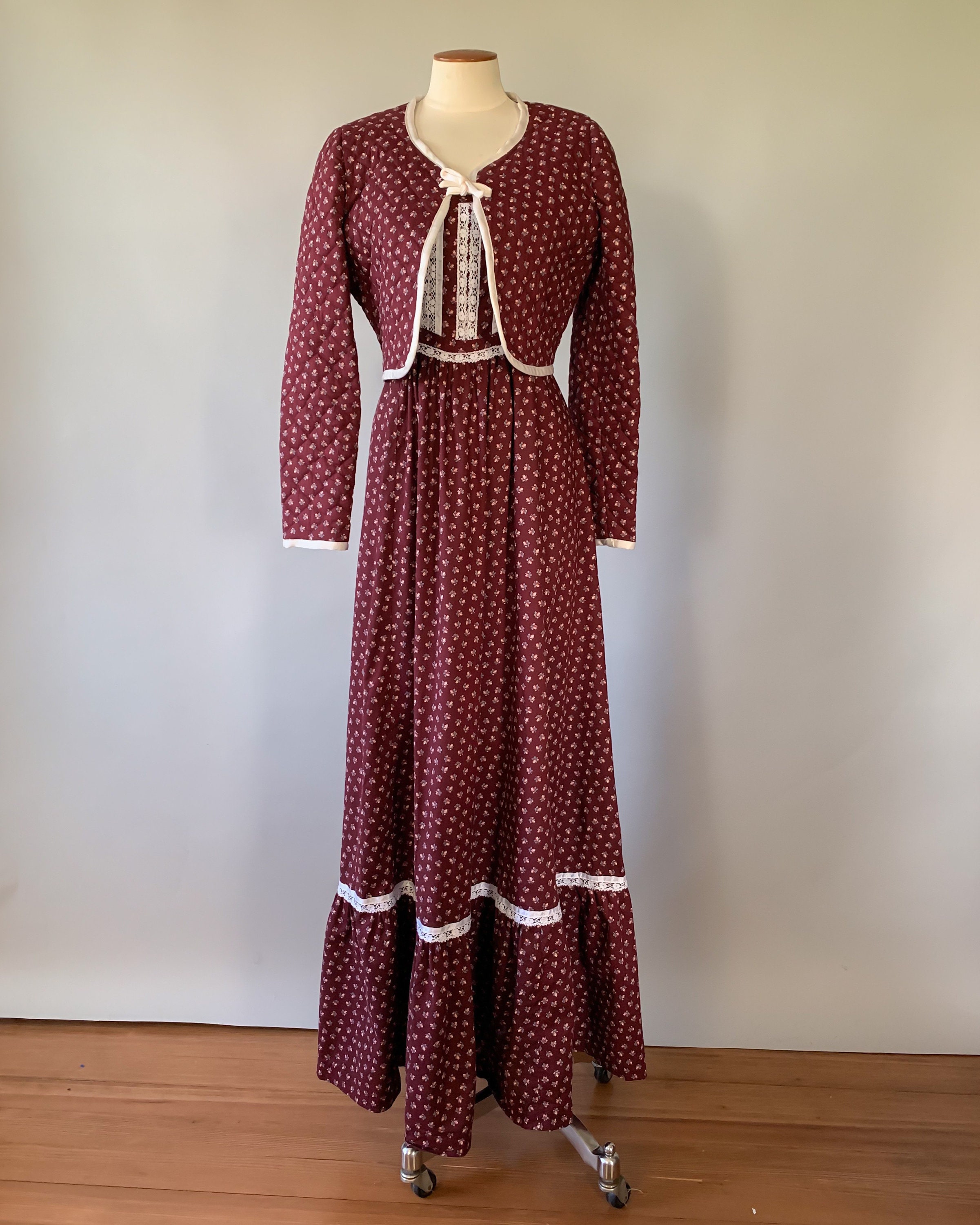Vintage 1970s Gunne Sax style burgundy floral calico lace trim prairie ...