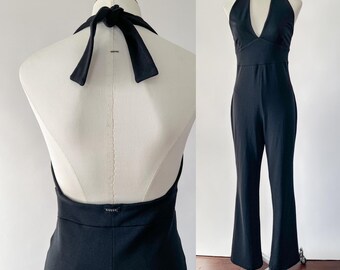 Vintage 90s Jumpsuit, 1990s 2000s Y2K Guess Black Stretchy Polyester Halter Neck Jumpsuit, Sexy Deep V Open Back Flare Leg, Medium M Large L