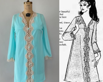 Vintage 70s Lingerie, 1970s Emilio Pucci Peignoir Set, Aqua Blue Nylon Lace Trim Sleeveless Nightgown Sexy Cutout Nightie Short Robe, Medium