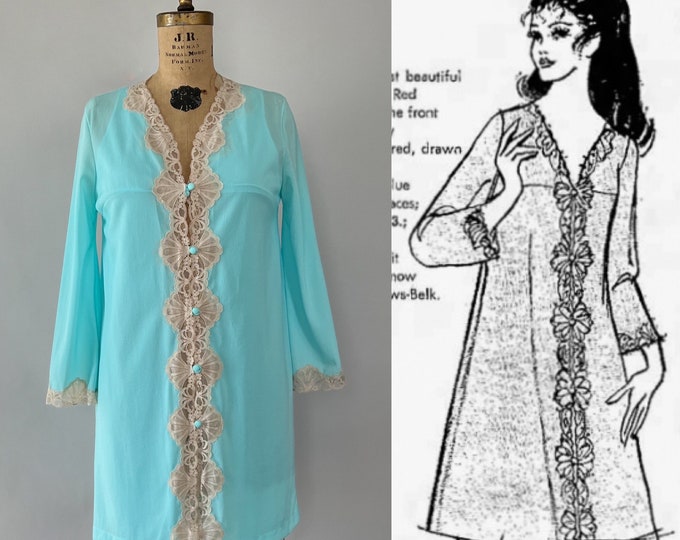 Featured listing image: Vintage 70s Lingerie, 1970s Emilio Pucci Peignoir Set, Aqua Blue Nylon Lace Trim Sleeveless Nightgown Sexy Cutout Nightie Short Robe, Medium
