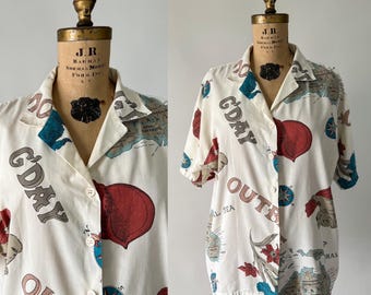 Vintage 90s Top, 1990s Australian Map Outback Novelty Print Cotton Button Up Shirt, Collared Short Sleeve Boxy Blouse, Plus Size Top, XL XXL