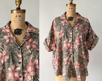 Vintage 90s Top, 1990s Y2K Pink Gray Hawaiian Floral Button Up Shirt, Collared Short Sleeve Tie Front Boxy Blouse, Plus Size Top, XXL 1X 2X