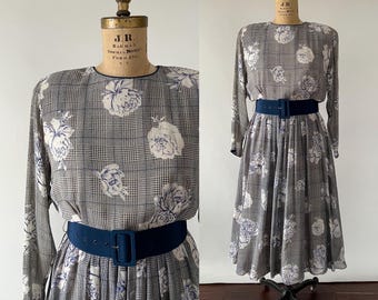 Vintage 1980s Navy Blue Floral Rose Print Silk Full Skirt Belted Midi Dress, Houndstooth Plaid, Medium M