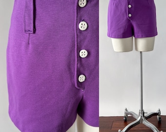 1970s Vintage Mod Purple Cotton Knit High Rise Button Fly Hot Pants Micro Shorts, Extra Small, W26 W27