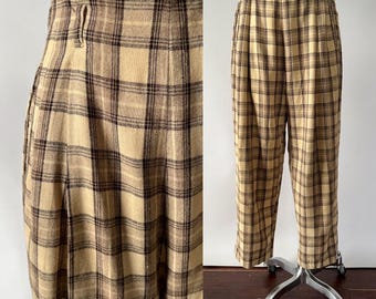 Vintage 50s Pants, 1950s Tigers Brown Tan Plaid Wool Pleated Dress Pants, High Waisted Full Draped Trousers Slacks, Small S, 27 28 Waist