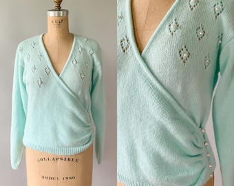 Vintage 80s Sweater, 1980s Pastel Blue Green Acrylic Pointelle Knit Faux Wrap Sweater, Pearl Embellished Surplice Neck Sweater, Small Medium